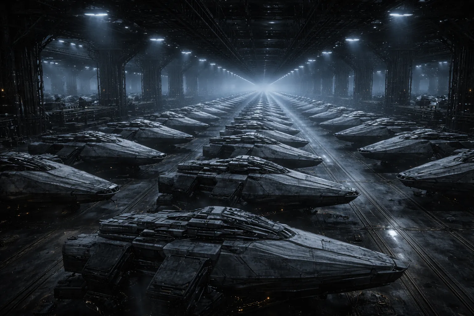 Hangar full of completed ships covered in dust