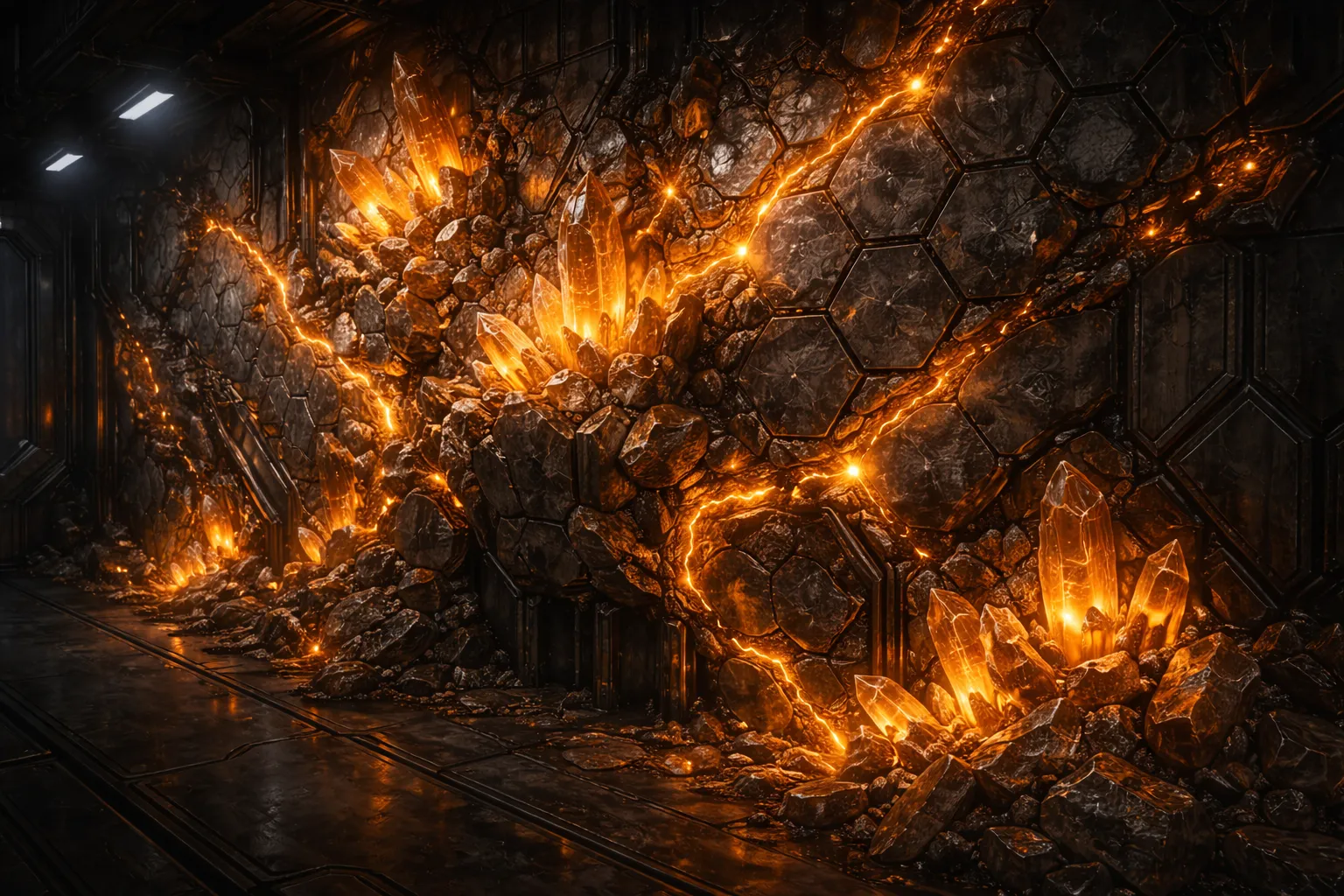 Mineral formations growing on corridor walls