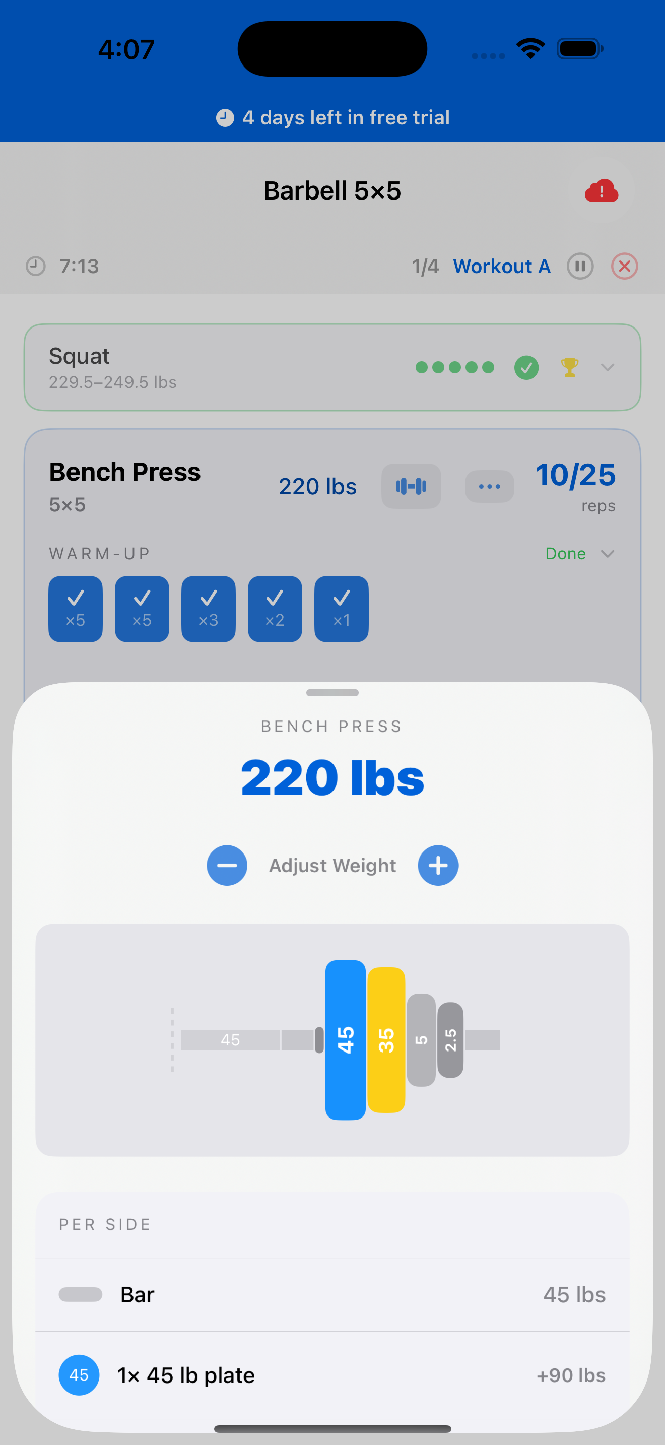 Plate calculator showing visual barbell plate layout and weight breakdown