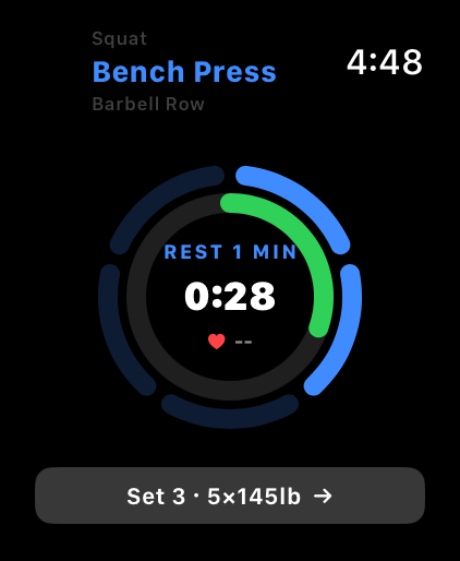 Apple Watch rest timer with exercise progress and heart rate